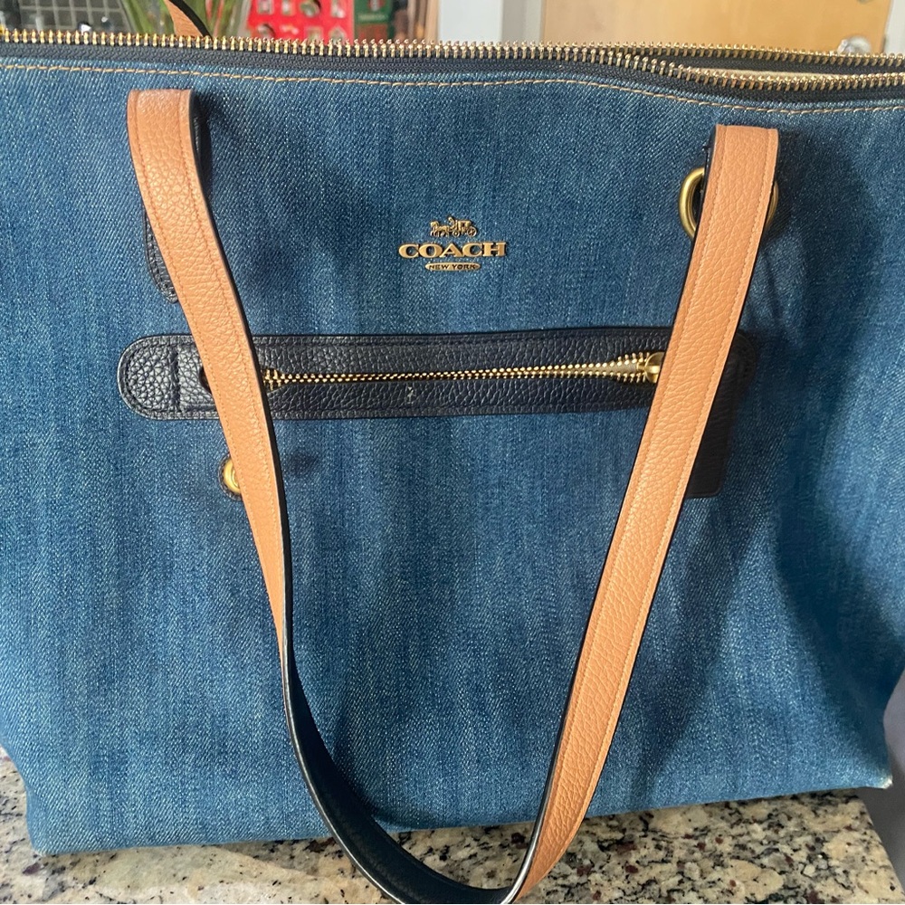 Coach Denim Blue Tote with Tan Straps